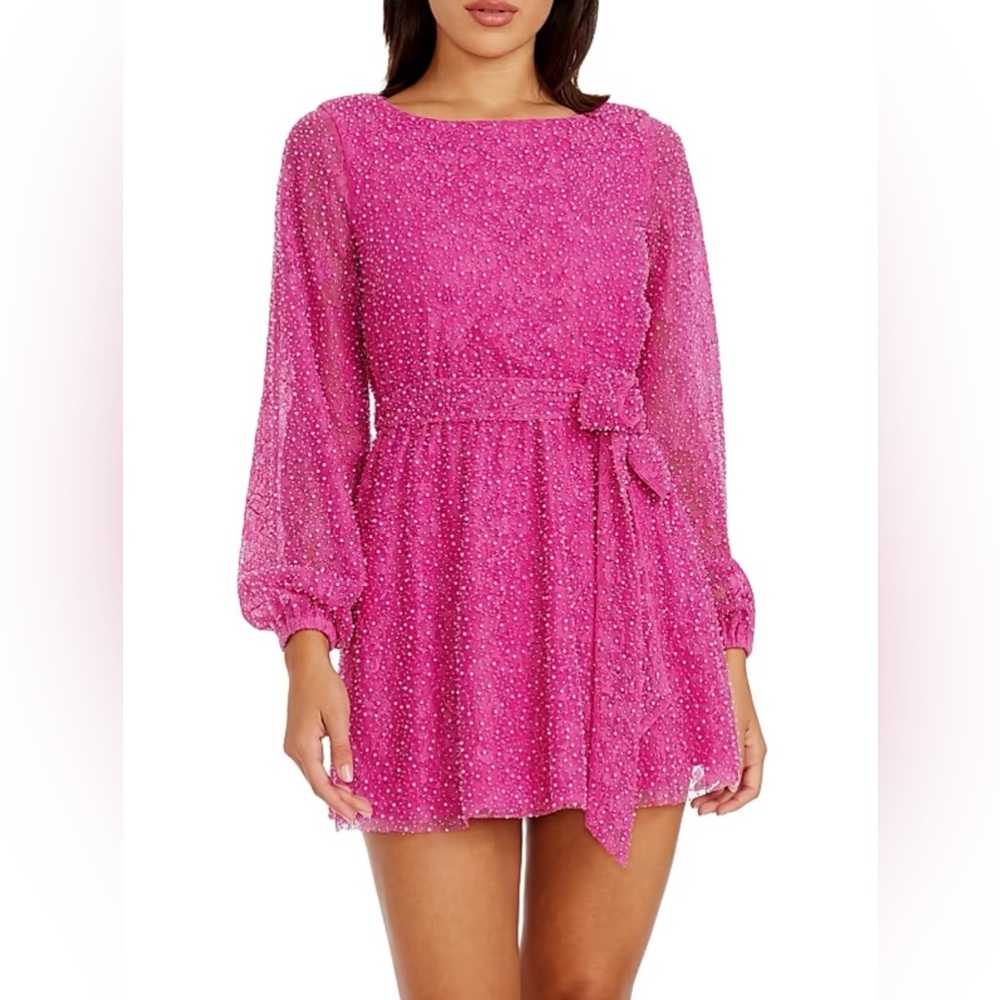 DRESS THE POPULATION - Kirsi Beaded Mini Dress - Size: L - Color: Fuschia -NWT!
